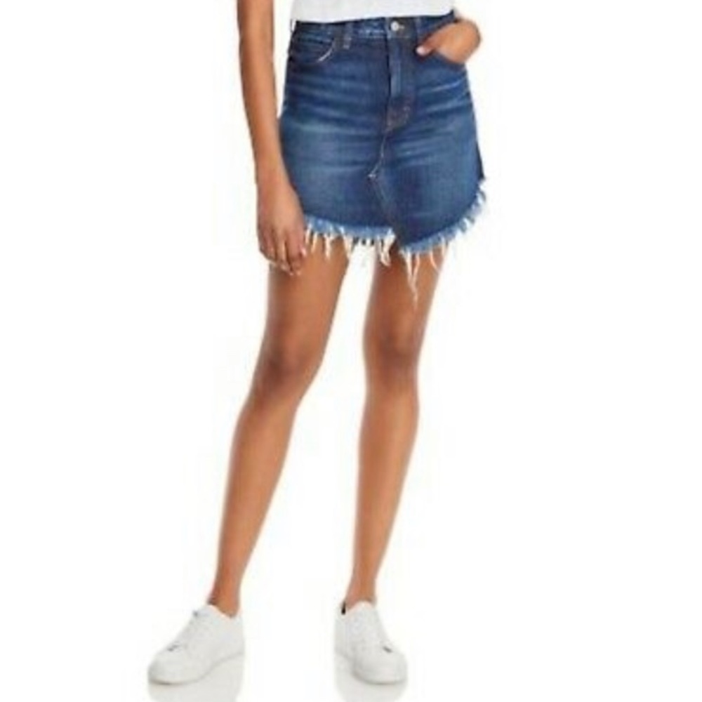 Free People Indigo Blue Denim Mini A-Line Distressed Raw Hem Skirt